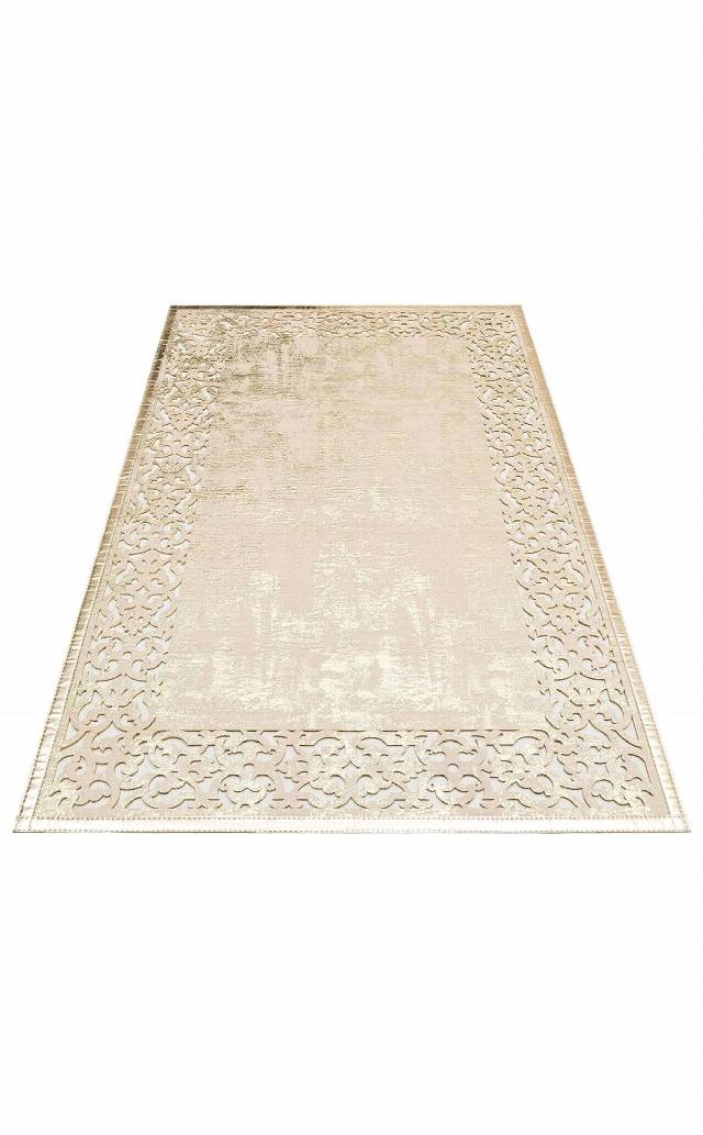 BIANCA BNC 01 CREAM GOLD  Klasik Ve Modern İşleme ve Oymaya Sahip Parlak Bordürlü Suni Deri Halı