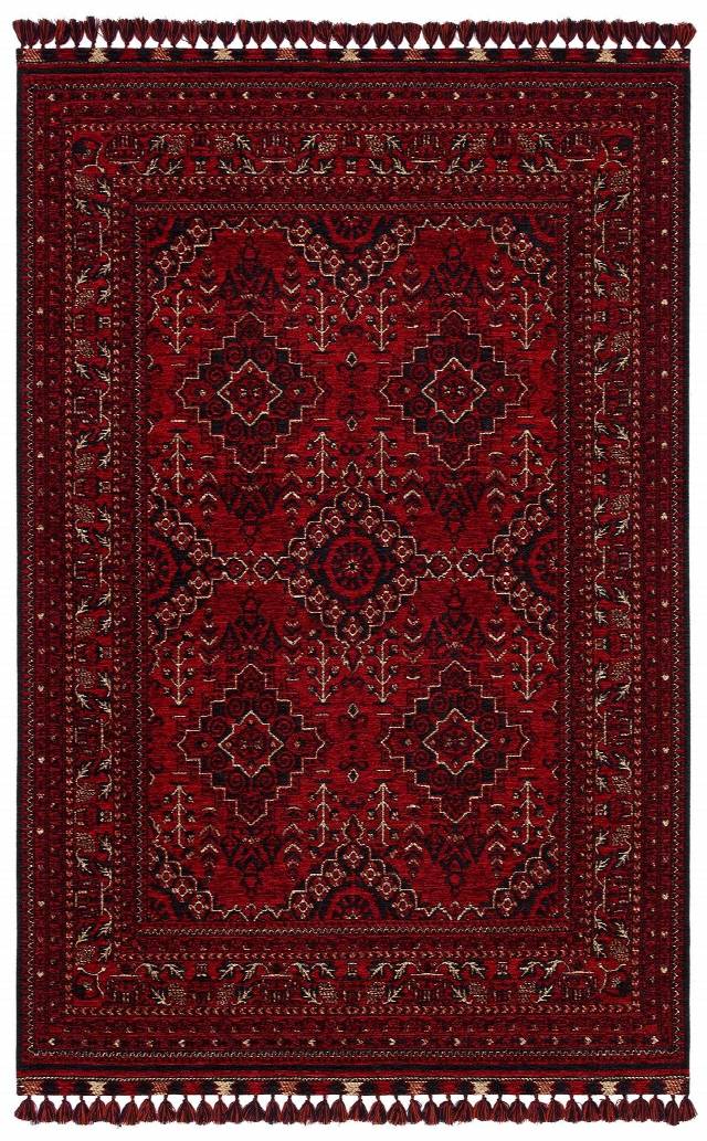 BUHARI BHR 05 RED  Afgan / Yağcıbedir Desenli Hav Toz Vermez Yıkanabilir Kaymaz İnce Dokuma Halı