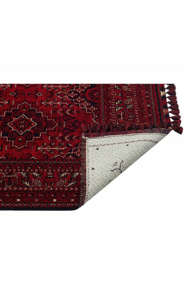 BUHARI BHR 05 RED  Afgan / Yağcıbedir Desenli Hav Toz Vermez Yıkanabilir Kaymaz İnce Dokuma Halı