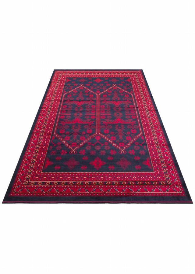 HERAT HER 01 NAVY  Afgan Desenli Viskon Sıkı Dokuma Kaymaz Tabanlı İnce Makine Halısı