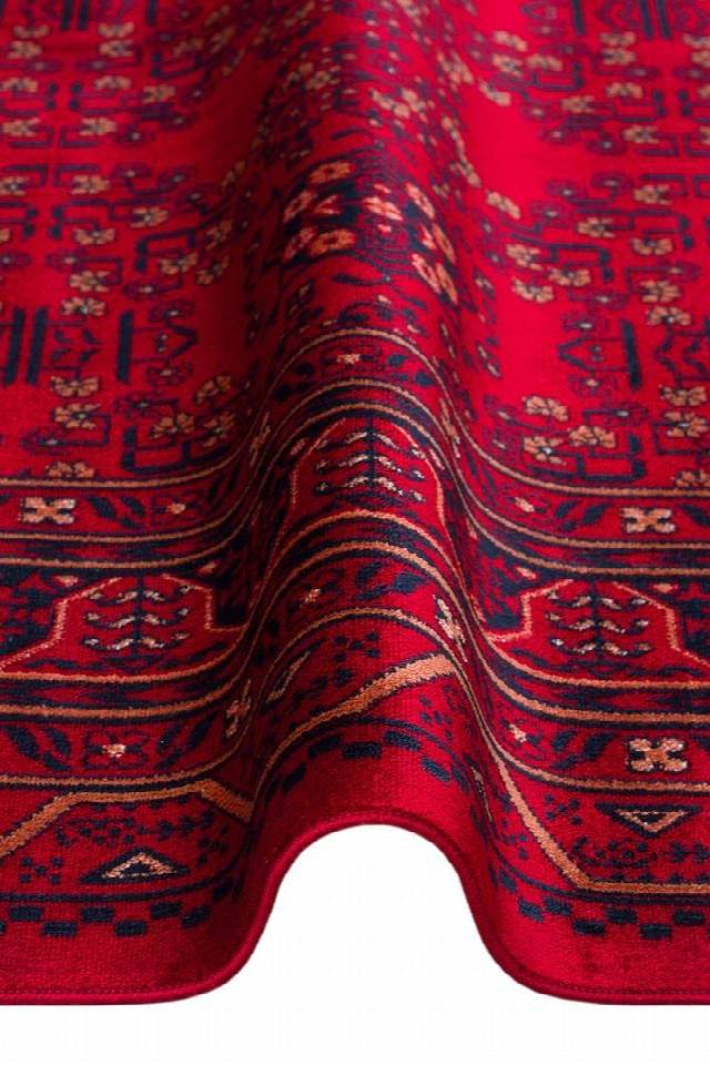 HERAT HER 04 RED  Afgan Desenli Viskon Sıkı Dokuma Kaymaz Tabanlı İnce Makine Halısı