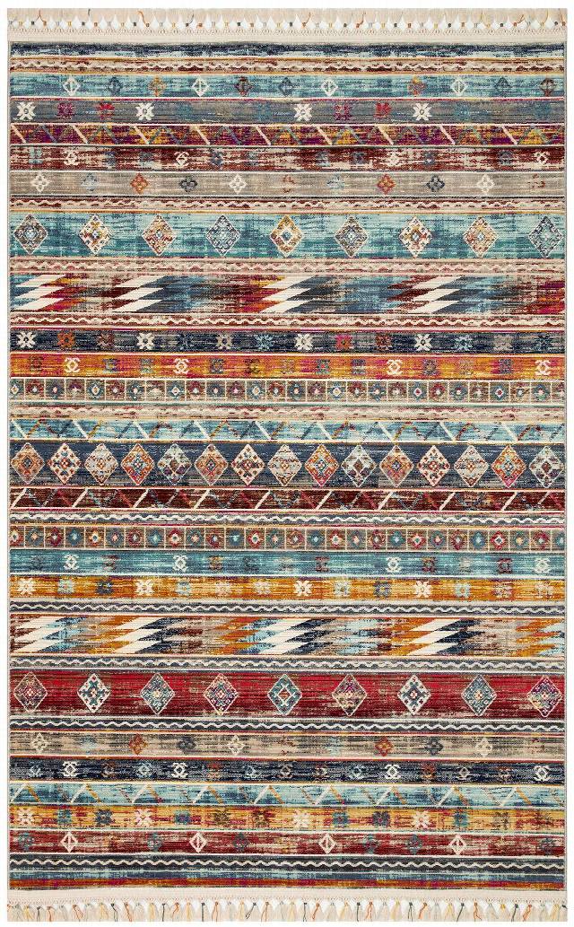 PETRA PR 03 MULTY  Hav Toz Vermez Etnik ve Modern Desenli Renkli Saçaklı Halı