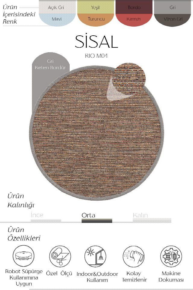 Sisalart Rio Keten Monterey Bordür Yuvarlak Sisal Halı